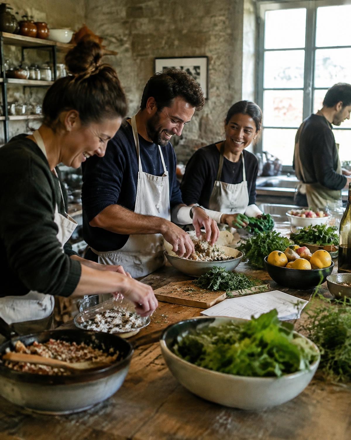 Equipo cocinando junto en un taller de cocina