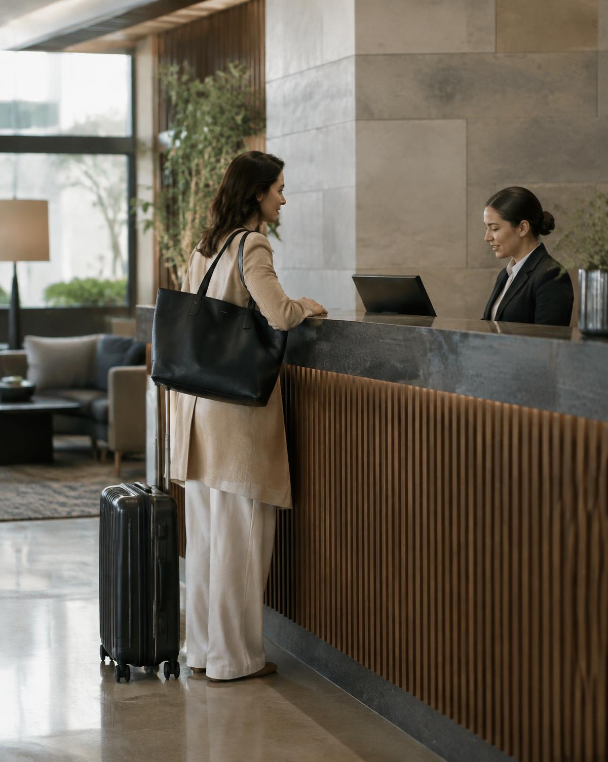 Profesional registrándose en la recepción de un hotel